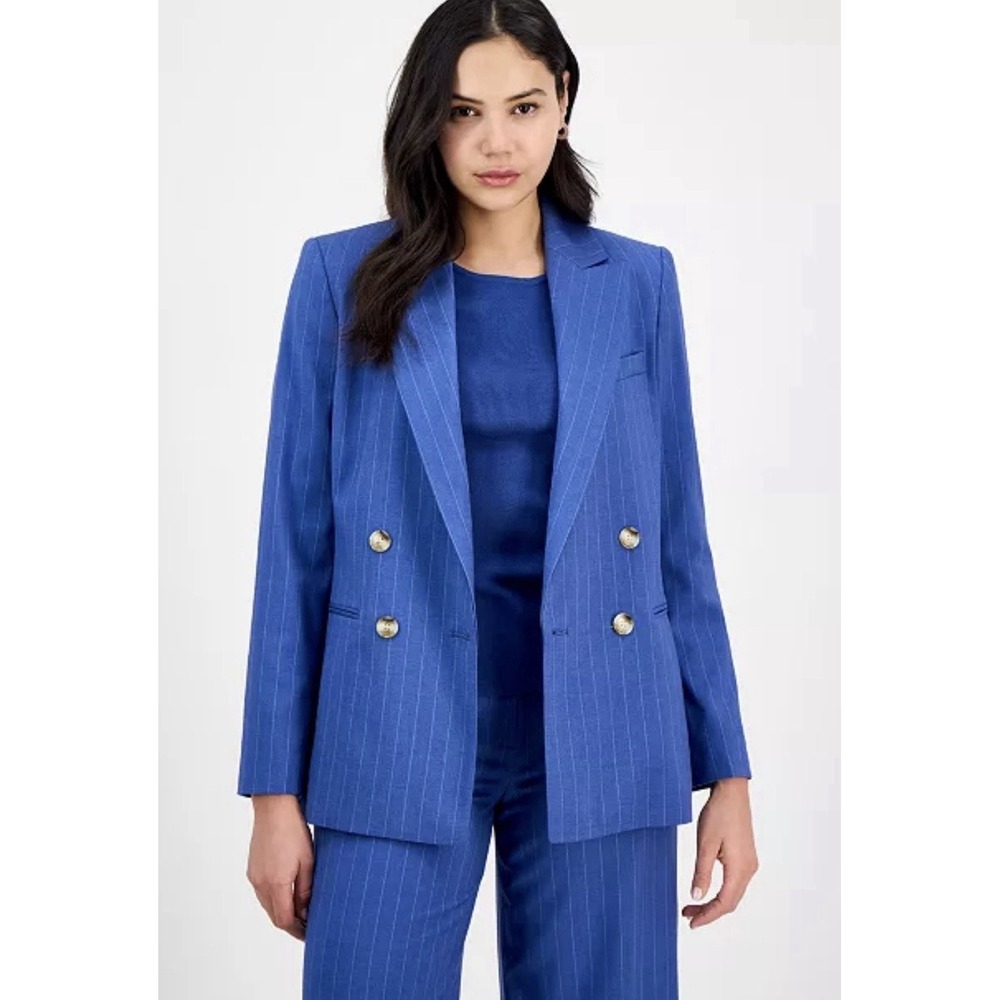 Tahari ASL Pinstripe Double-Breasted Jacket Blazer Women Blue Size 10